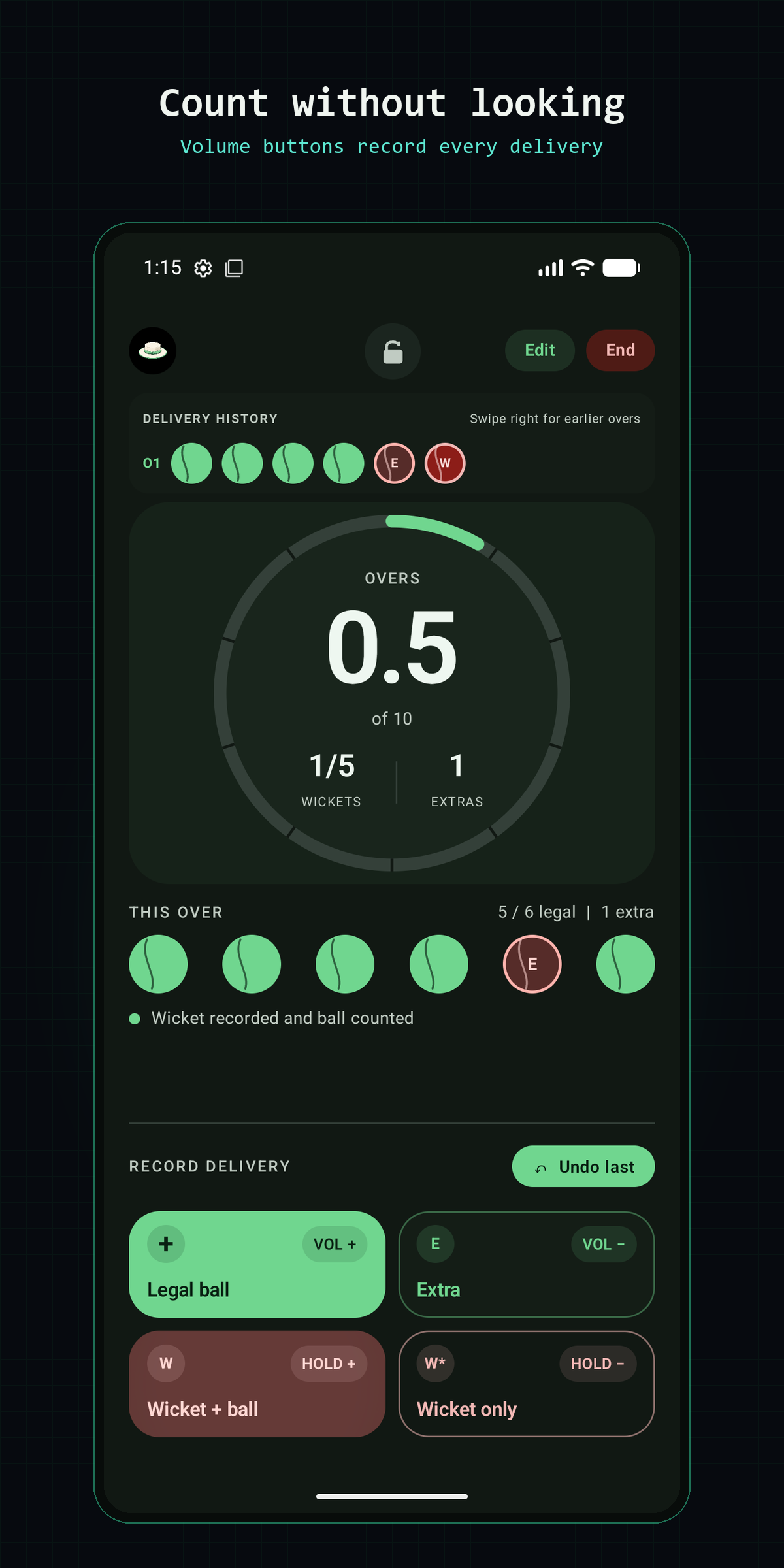 Umpire app counting an innings with legal balls, a wicket, and an extra
