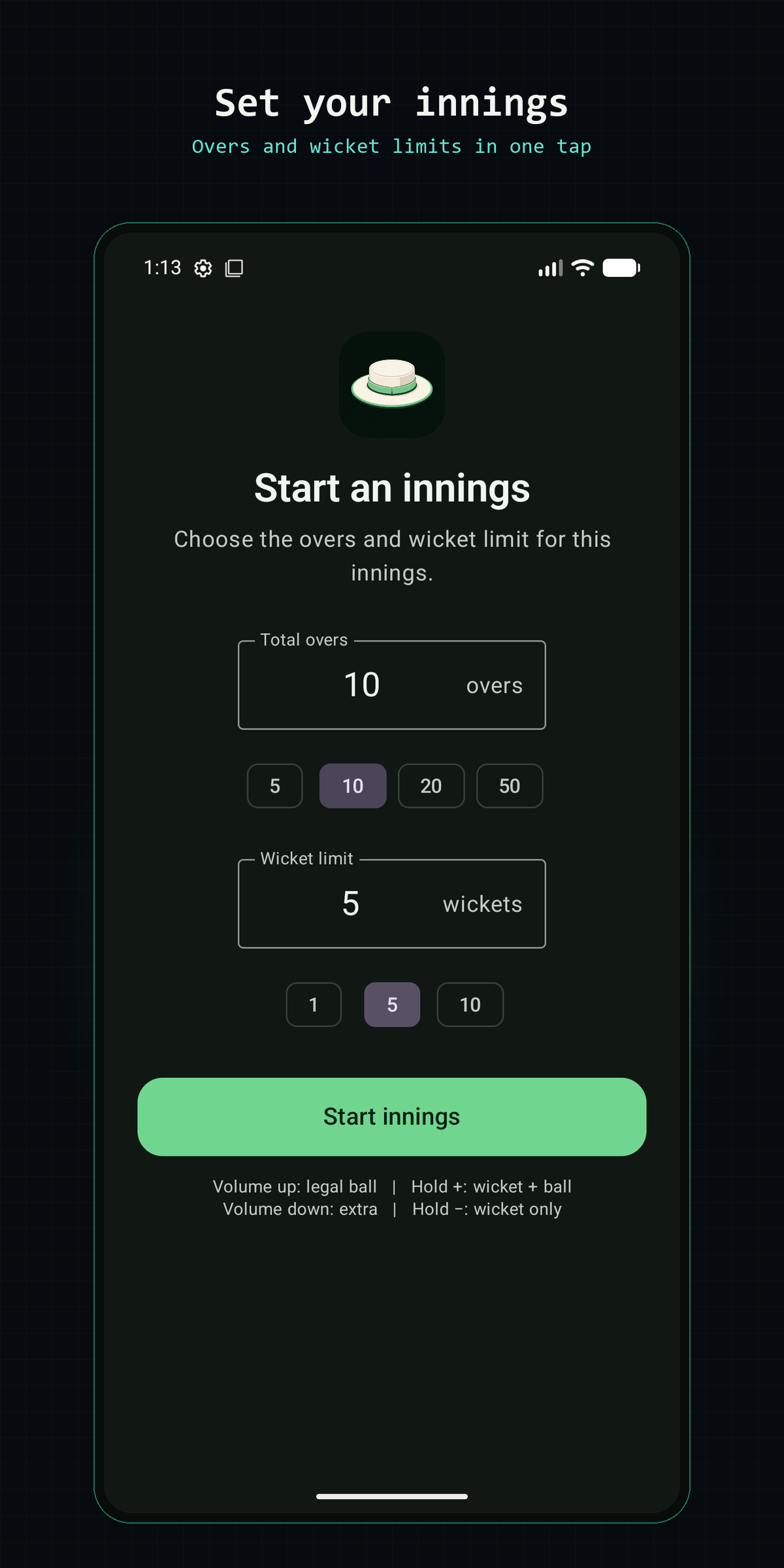 Umpire setup screen for selecting total overs and wicket limit